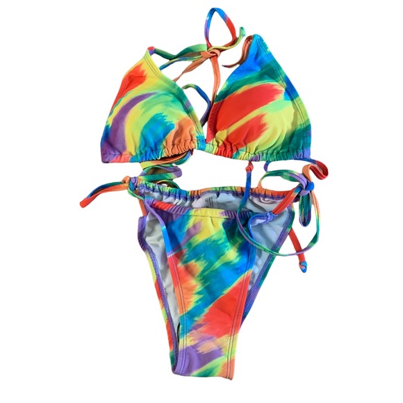 Multicolor Blue Yellow Halter Lined Brazilian Bikini - Picture 6 of 13